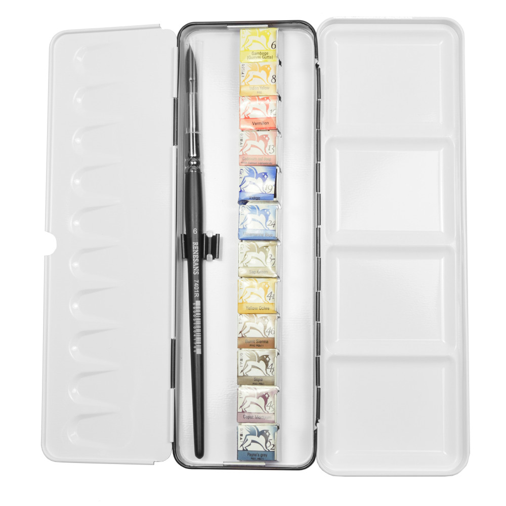 Half pans watercolors set in metal case - Renesans - Hydrangea, 12 pcs.