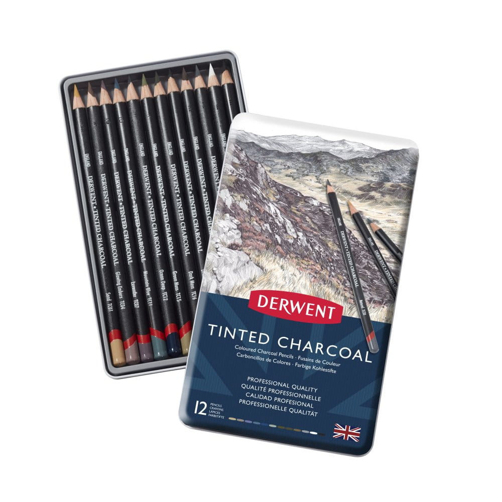 Zestaw kolorowych węgli w kredce Tinted Charcoal - Derwent - 12 szt.