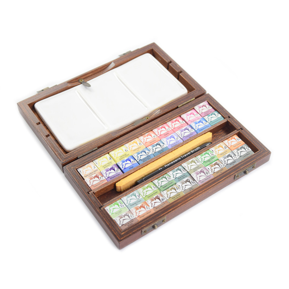 Half pans watercolors set in wooden case - Renesans - 36 pcs