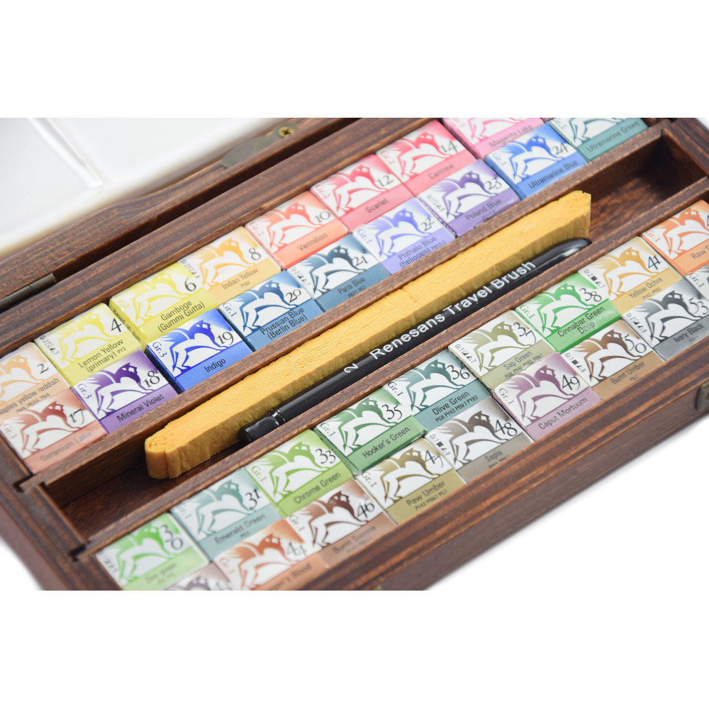 Half pans watercolors set in wooden case - Renesans - 36 pcs