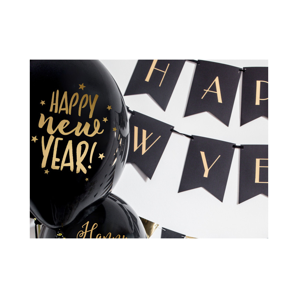 Balony Happy New Year - czarne, 30 cm, 50 szt.