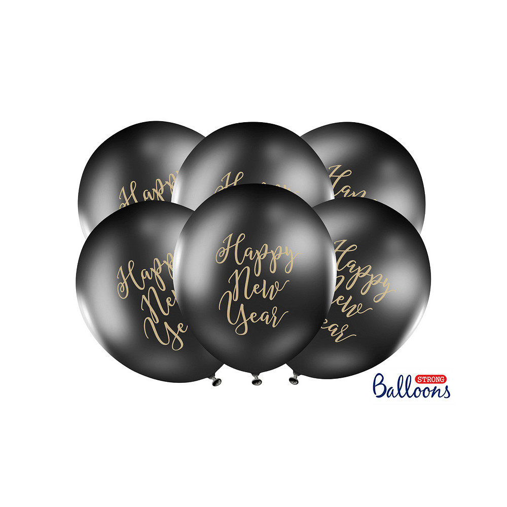 Balony Happy New Year 1 - czarne, 30 cm, 6 szt.