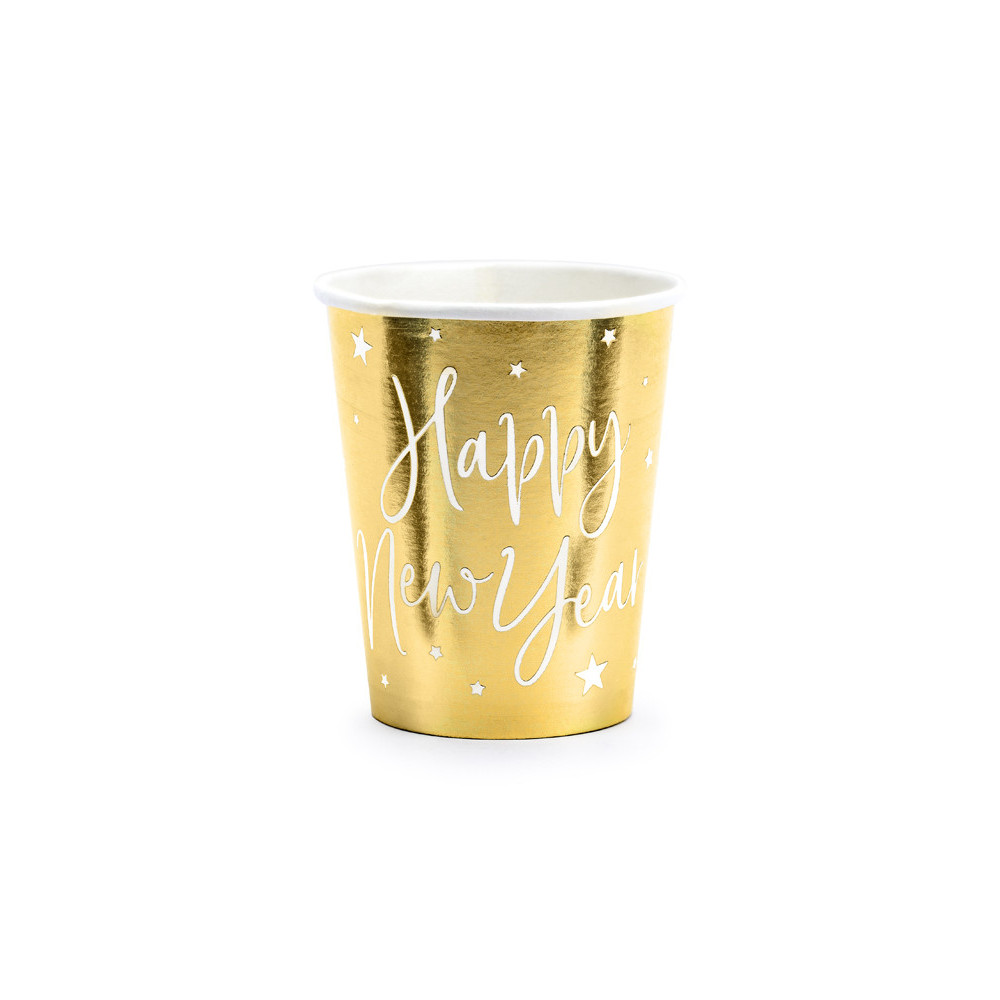 Kubeczki papierowe Happy New Year - złote, 220 ml, 6 szt.