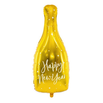 Balon foliowy butelka, Happy New Year - złoty, 32 x 82 cm