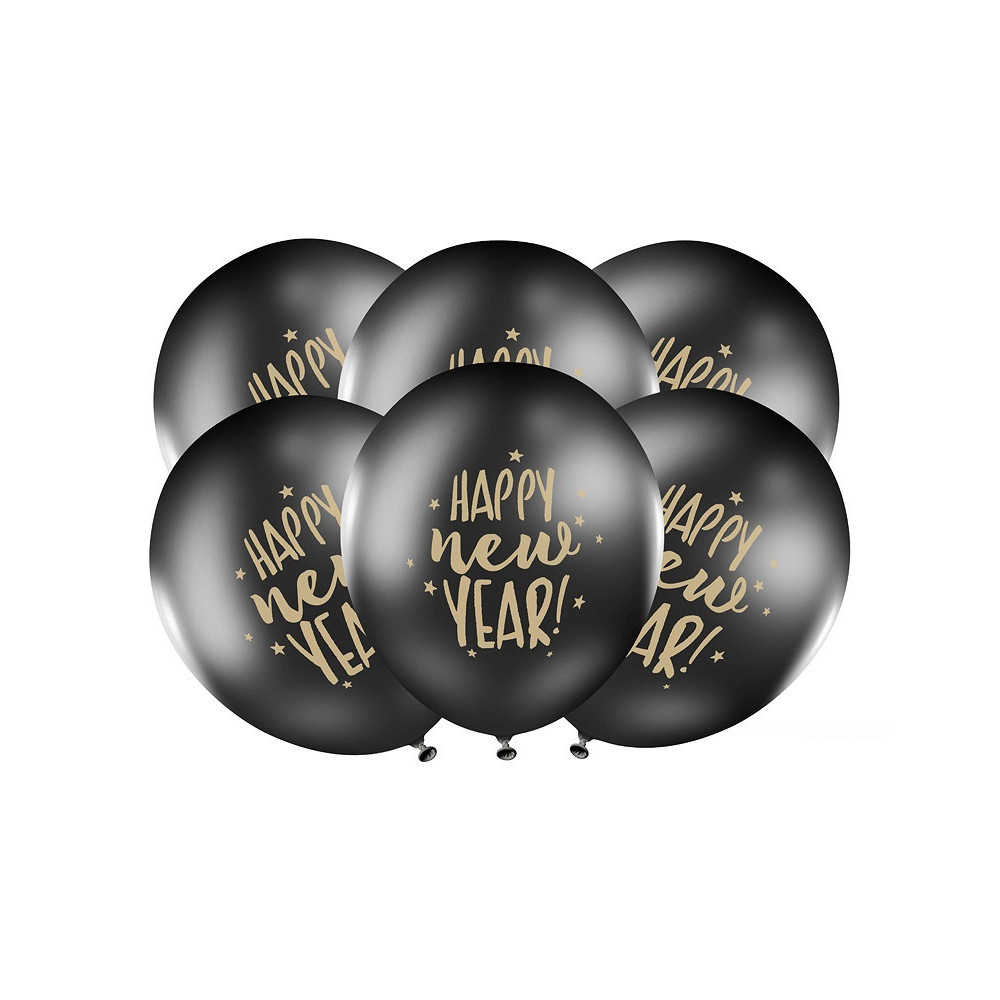 Happy New Year balloons - black, 30 cm, 6 pcs.