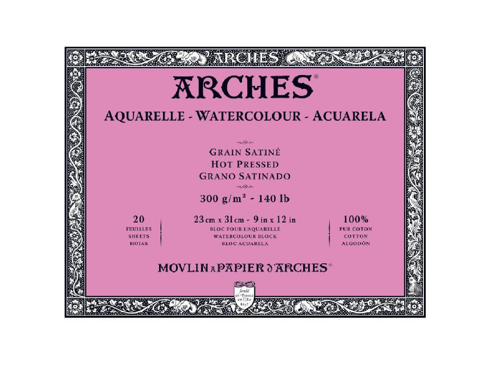 Watercolor paper - Arches - hot pressed, 23 x 31 cm, 300 g, 20 sheets