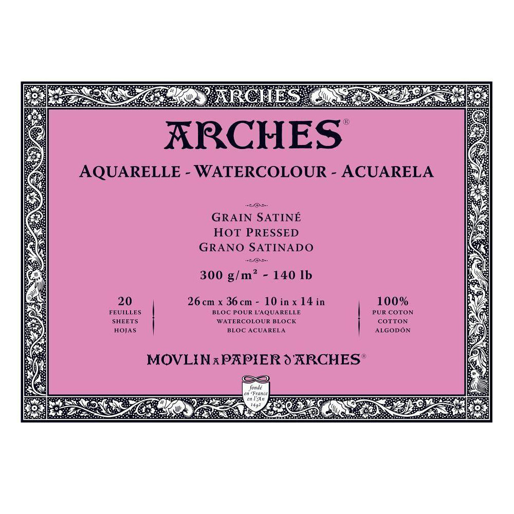 Watercolor paper - Arches - hot pressed, 26 x 36 cm, 300 g, 20 sheets