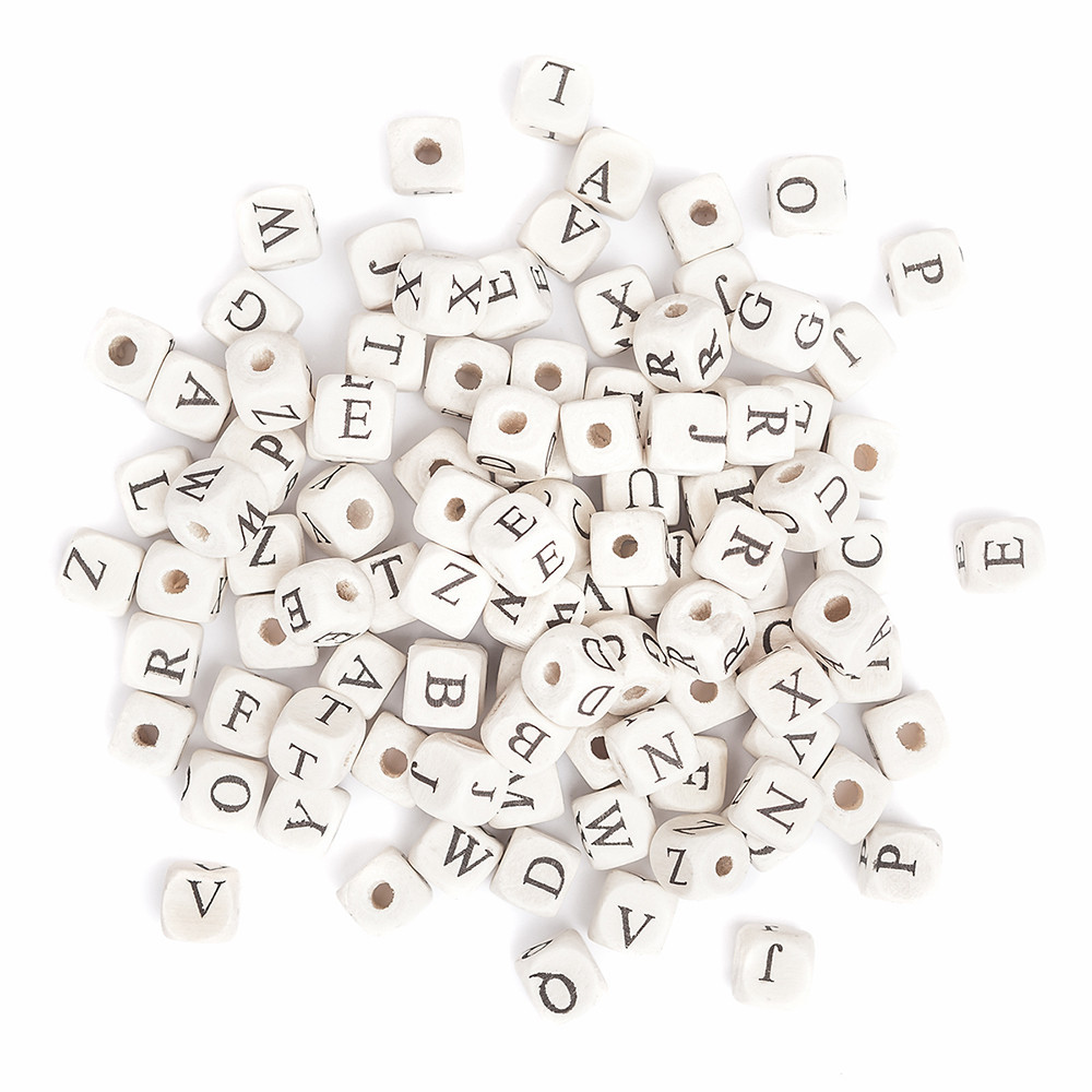 Koraliki drewniane litery - DpCraft - naturalne, 10 mm, 100 szt.