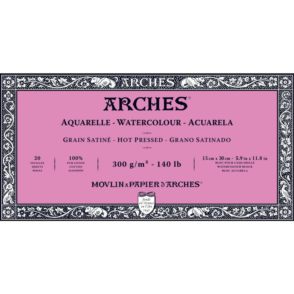 Watercolor paper - Arches - hot pressed, 15 x 30 cm, 300 g, 20 sheets