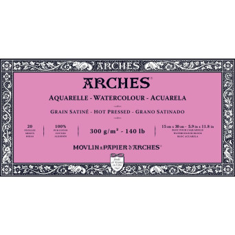 Watercolor paper - Arches - hot pressed, 15 x 30 cm, 300 g, 20 sheets