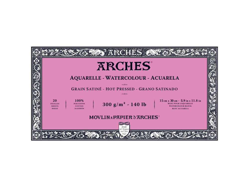 Blok do akwareli - Arches - hot pressed, 15 x 30 cm, 300 g, 20 ark.