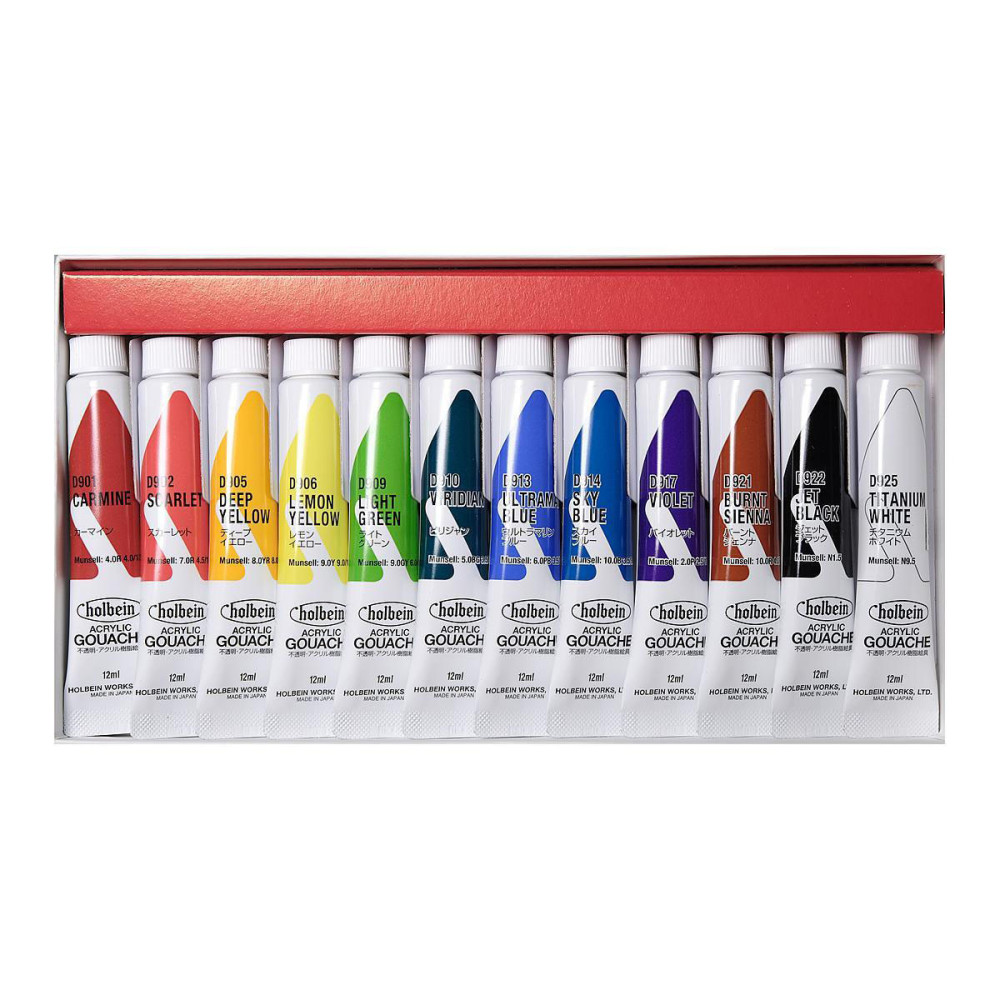 Set of School Acryla Gouache paints - Holbein - 12 colors x 12 ml