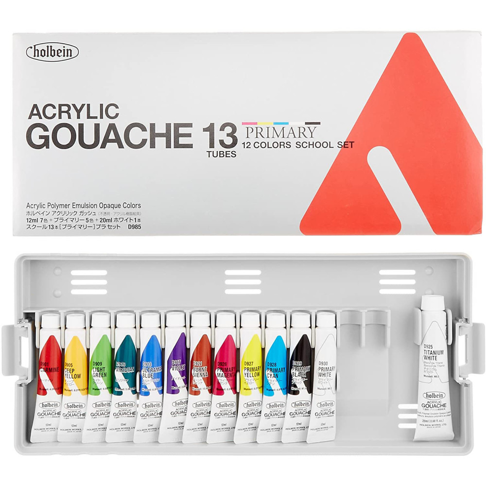 Set of School Acryla Gouache paints - Holbein - Primary Colors, 13 colors