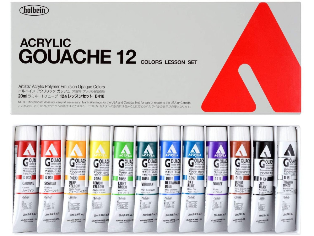 Zestaw farb gwaszy Acryla Gouache Lesson Set - Holbein - 12 kolorów