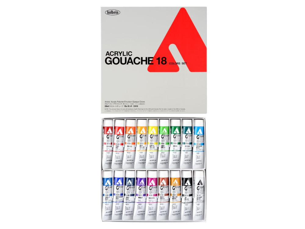 Zestaw farb gwaszy Acryla Gouache - Holbein - 18 kolorów x 20 ml