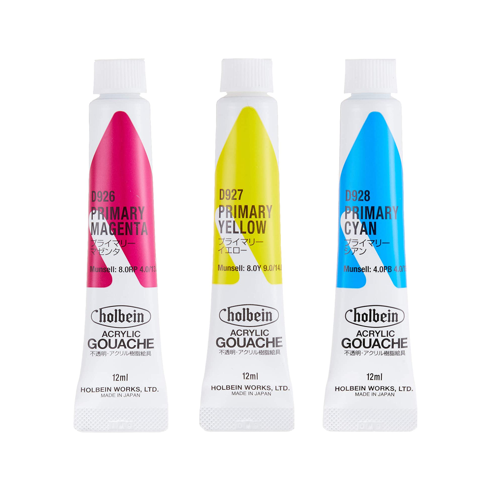 Set of Acryla Gouache Primary Colors paints - Holbein - 3 colors x 12 ml