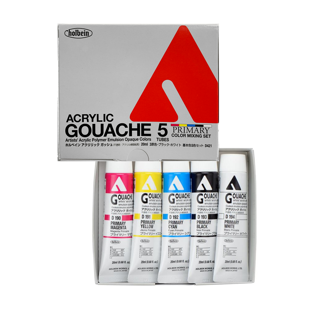 Zestaw farb gwaszy Acryla Gouache Primary Colors - Holbein - 5 kolorów x 20 ml
