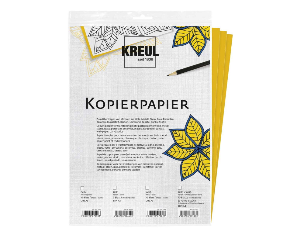 Papier, kalka kopiująca na ciemnych tkaninach - Kreul - żółta, A3, 3 ark.