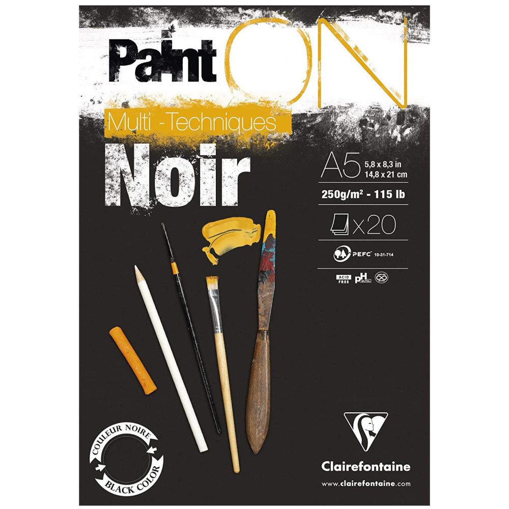 Blok uniwersalny Paint'On Mixed Media - Clairefontaine - czarny, A5, 250g, 20 ark.