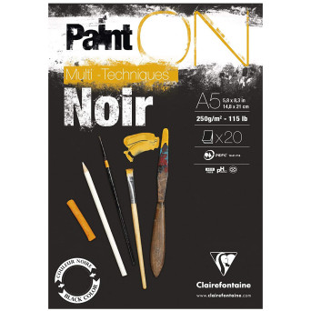 Blok uniwersalny Paint'On Mixed Media - Clairefontaine - czarny, A5, 250g, 20 ark.