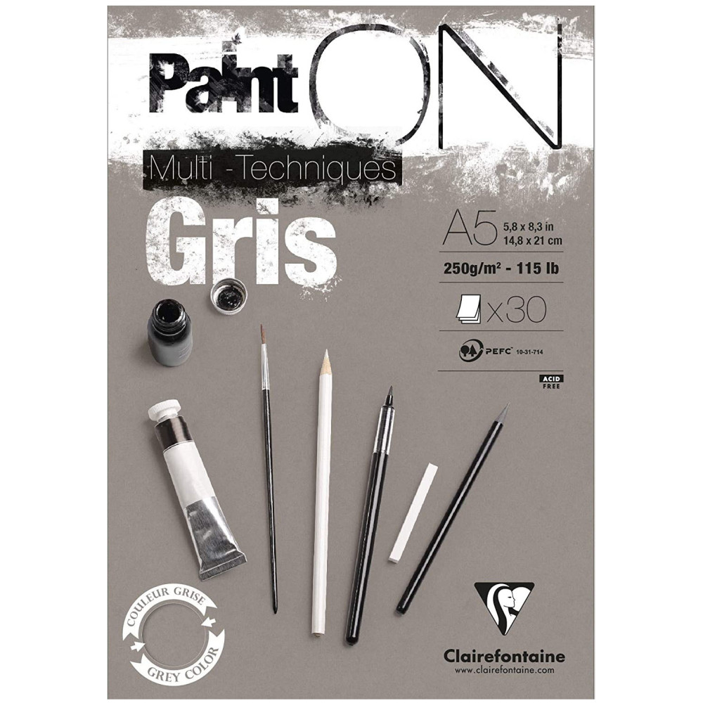 Blok uniwersalny Paint'On Mixed Media - Clairefontaine - szary, A5, 250g, 30 ark.