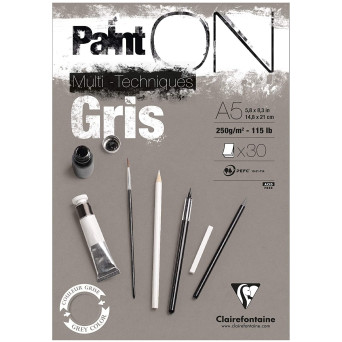Blok uniwersalny Paint'On Mixed Media - Clairefontaine - szary, A5, 250g, 30 ark.
