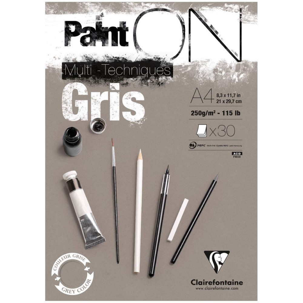 Blok uniwersalny Paint'On Mixed Media - Clairefontaine - szary, A4, 250g, 30 ark.