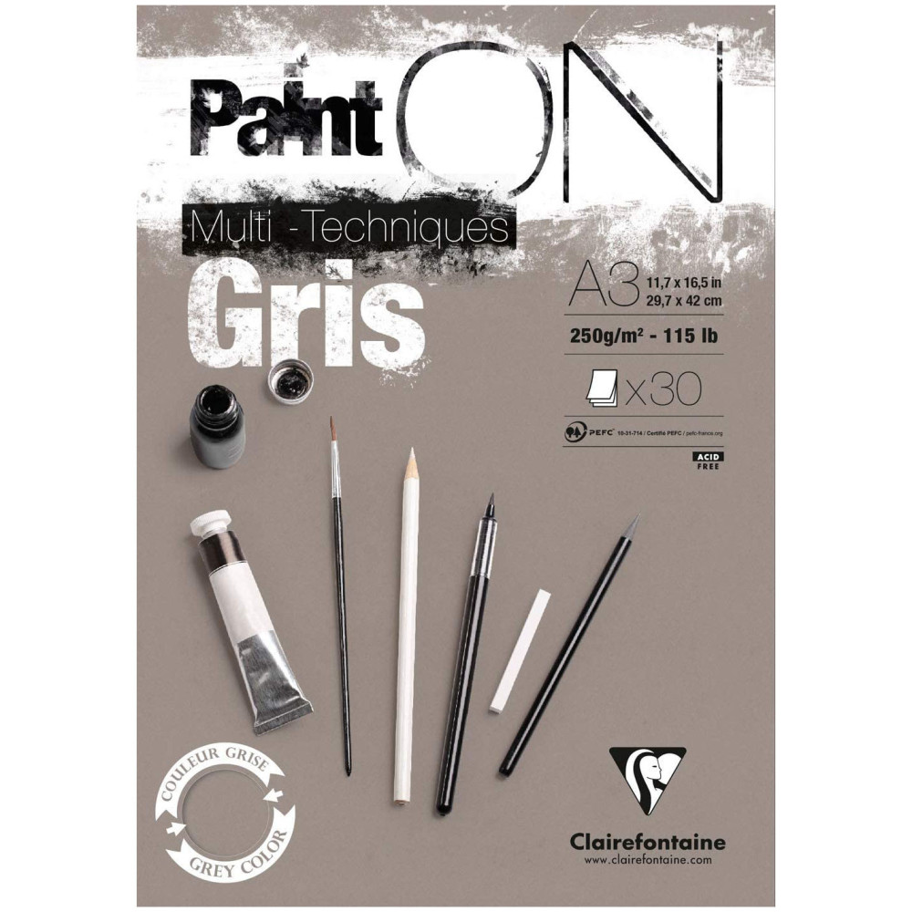 Blok uniwersalny Paint'On Mixed Media - Clairefontaine - szary, A3, 250g, 30 ark.