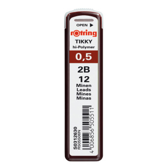 Wkłady grafitowe Tikky do ołówków, 0,5 mm - Rotring - 2B, 12 szt.