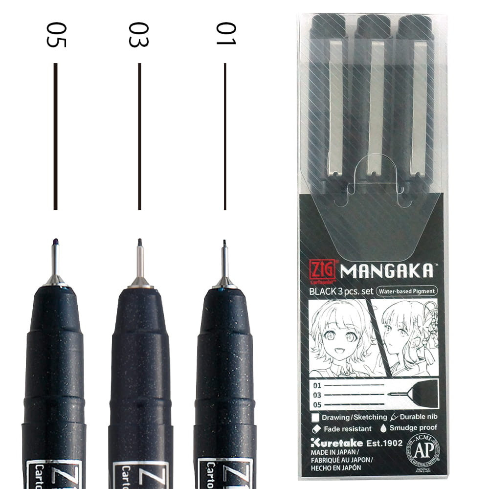 ZIG Cartoonist Mangaka Black Assortment Set - Kuretake - black, 3 pcs.