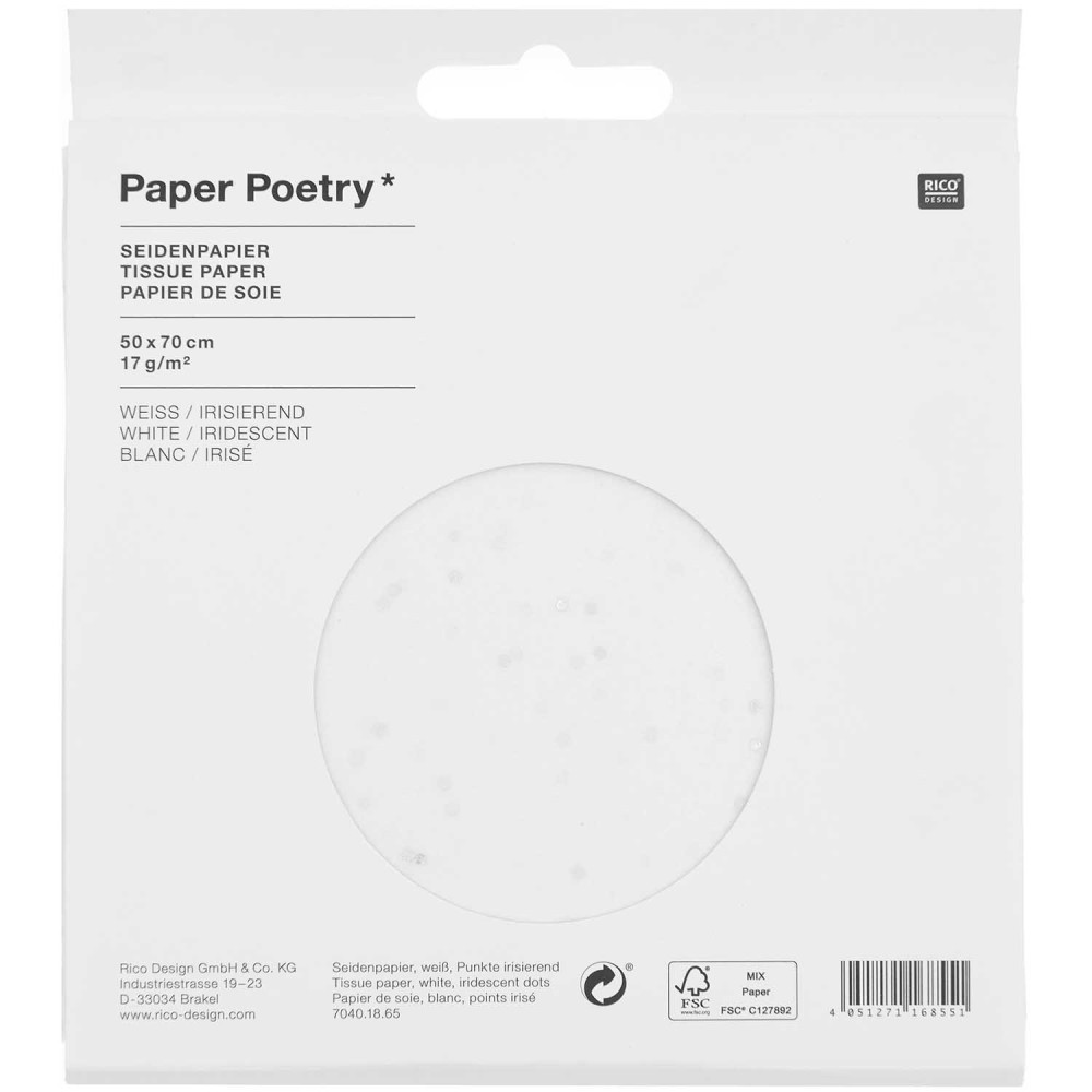 Bibuła do pakowania prezentów - Paper Poetry - biała w opalizujące kropki, 5 szt.