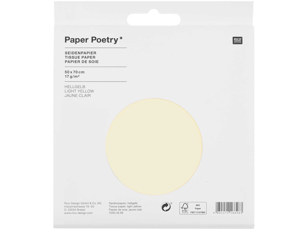 Bibuła gładka do pakowania prezentów - Paper Poetry - jasnożółta, 5 szt.