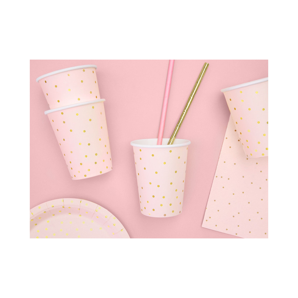 Paper cups with gold dots - light pink, 260 ml, 6 pcs.
