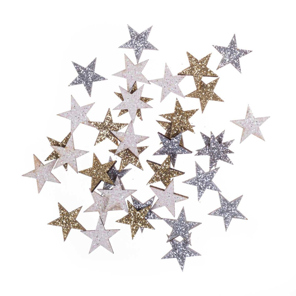 Wooden stars, double sided - DpCraft - glittery, 36 pcs