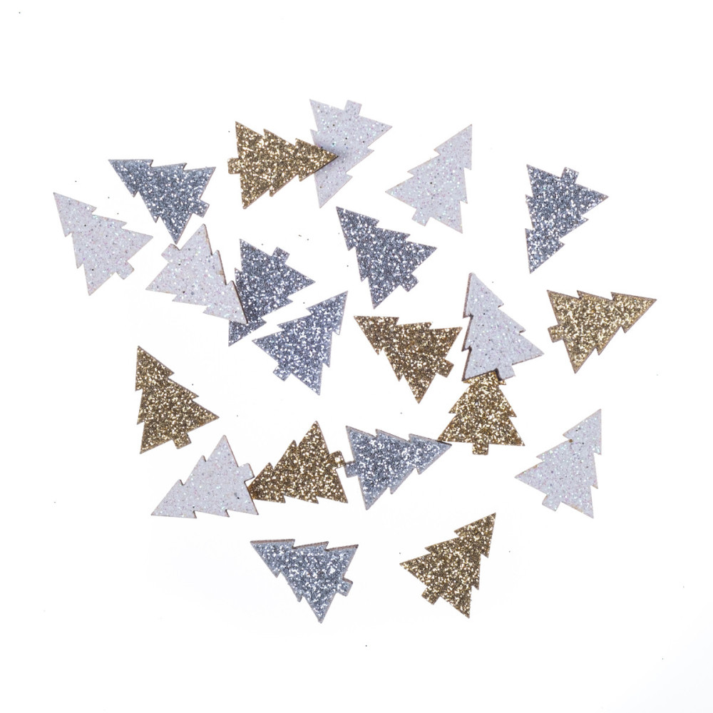 Wooden Christmas trees, double sided - DpCraft - glittery, 21 pcs