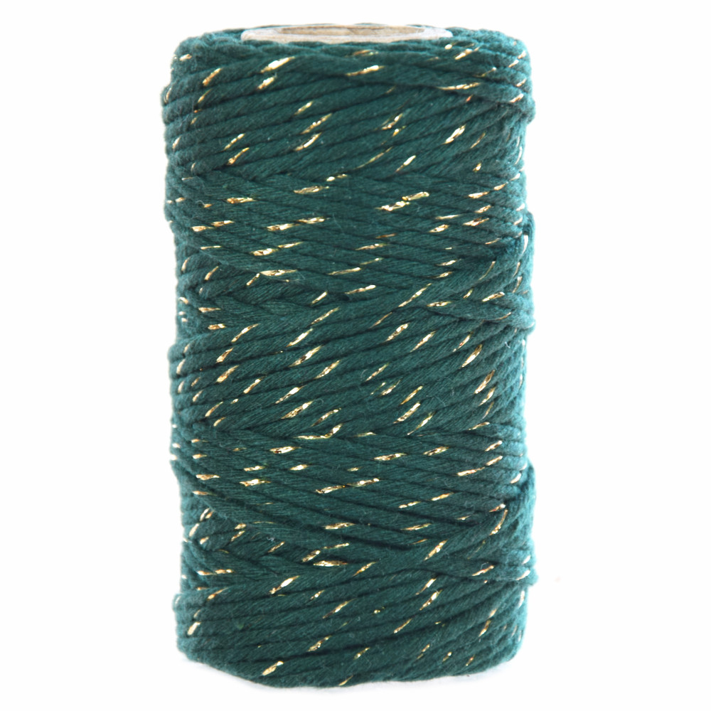 Sznurek bawełniany do makramy - zielony ze złotą nicią, 2 mm, 100 g, 60 m