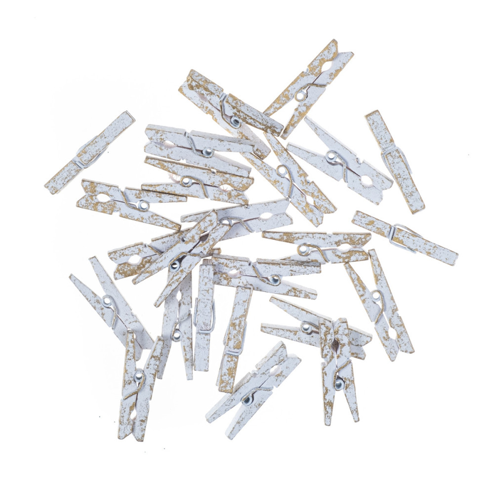 Wooden clips - DpCraft - white and gold, 3 cm, 24 pcs