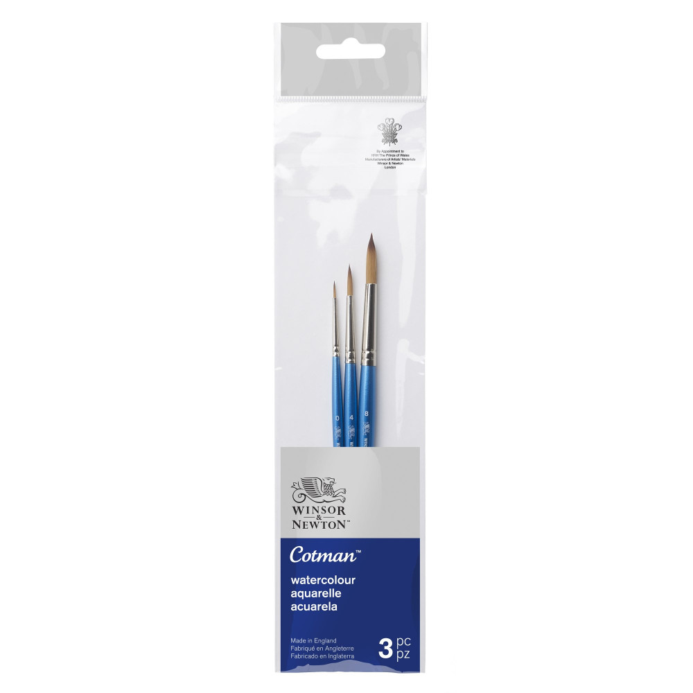 Zestaw pędzli Cotman do akwareli - Winsor & Newton - krótka rączka, 3 szt.