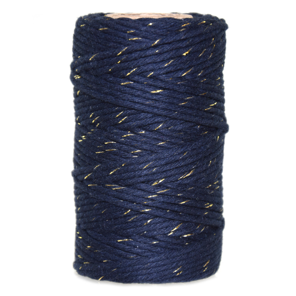Sznurek bawełniany do makramy - granatowy ze złotą nicią, 2 mm, 100 g, 60 m