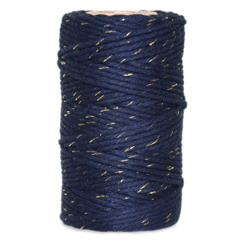 Sznurek bawełniany do makramy - granatowy ze złotą nicią, 2 mm, 100 g, 60 m