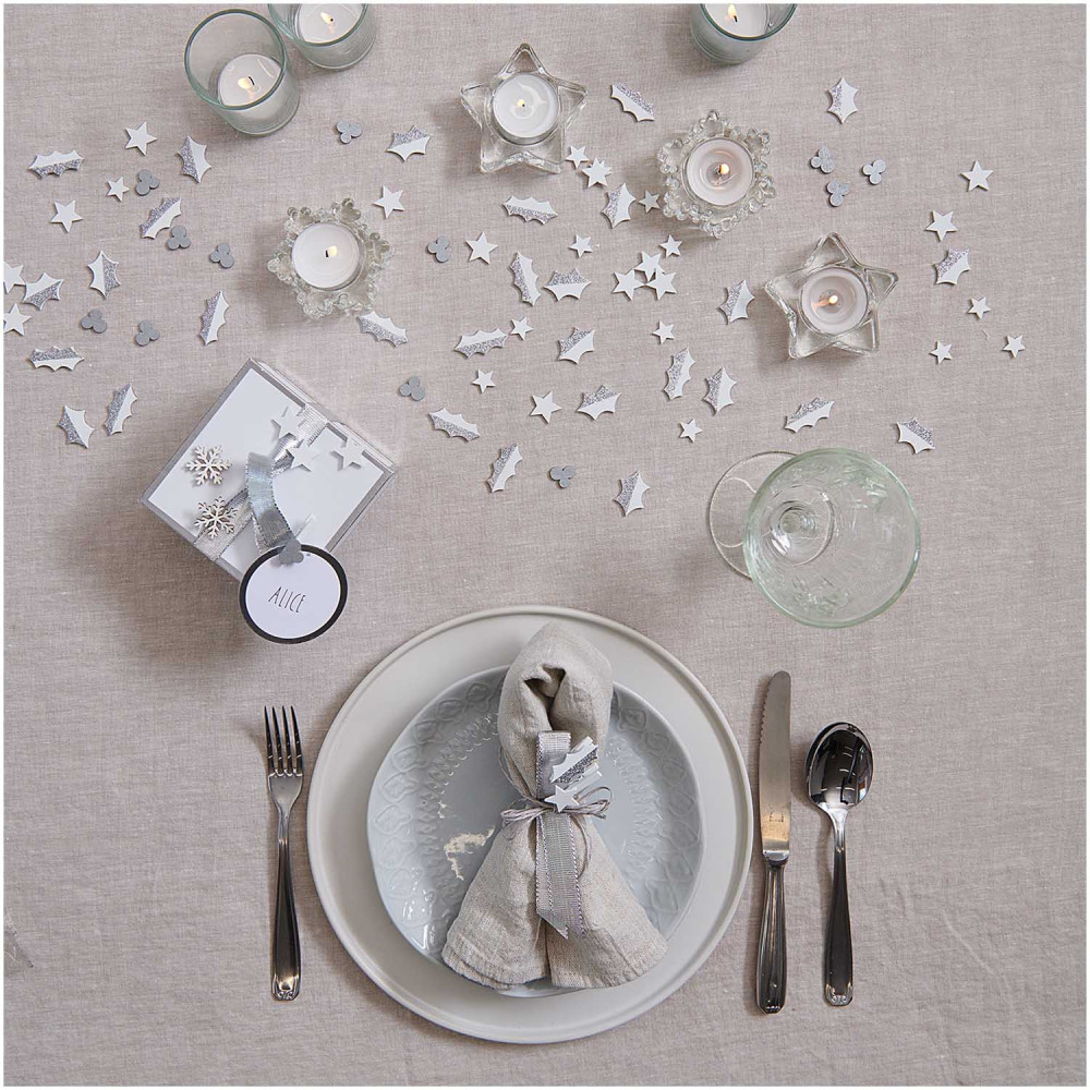 Wooden confetti Holly - Rico Design - white and silver, 3 cm, 48 pcs.