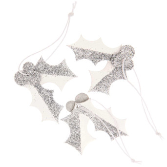Wooden Christmas pendants Holly - Rico Design - white and silver, 3 pcs.