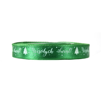 Satin ribbon Wesołych Świąt - green, 12,5 mm x 22 m