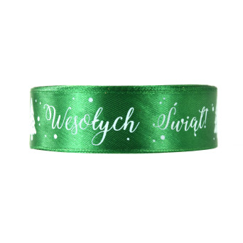 Wstążka satynowa Wesołych Świąt - zielona, 25 mm x 22 m