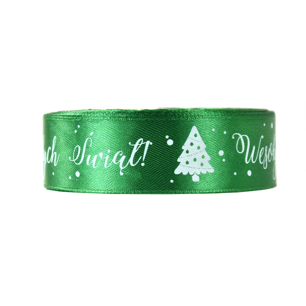 Satin ribbon Wesołych Świąt - green, 25 mm x 22 m
