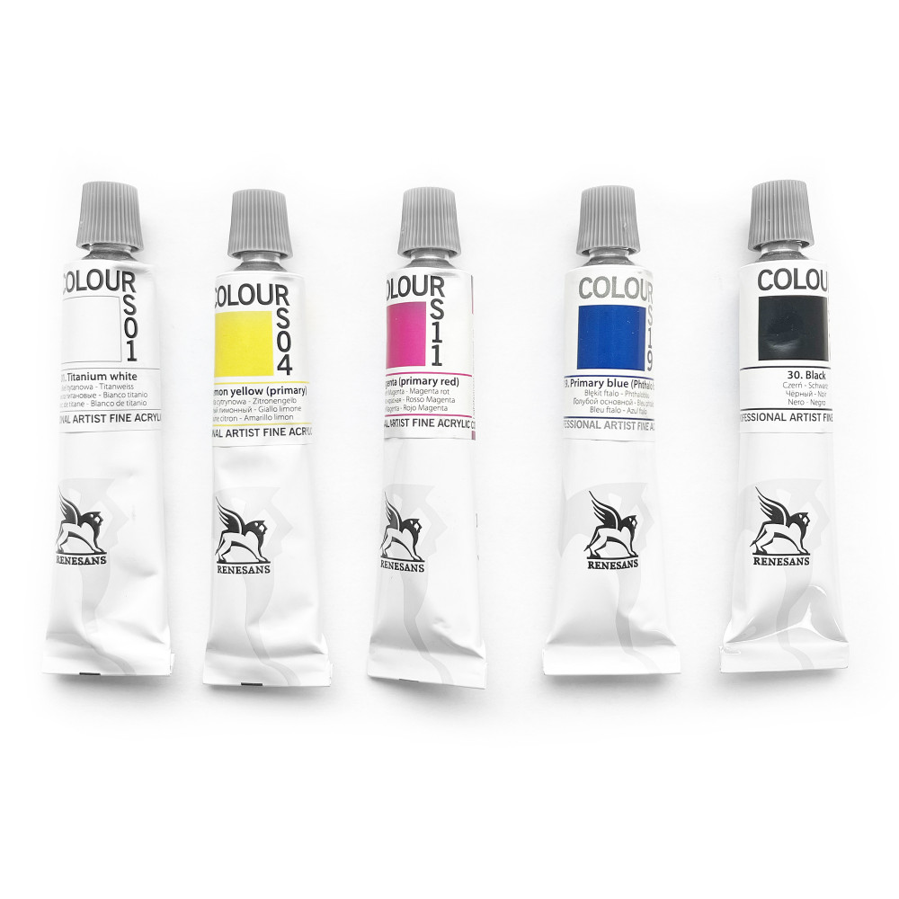 Set of acrylic paints in tubes - Renesans - primary colors, 5 pcs