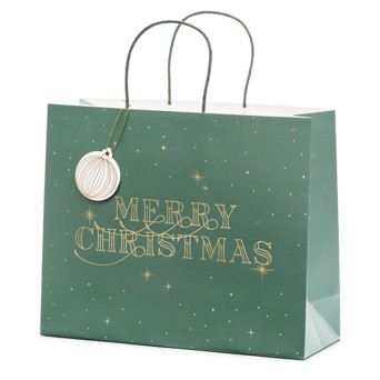 Torebka na prezenty, Merry Christmas - zielona, 32,5 x 26,5 x 11,5 cm