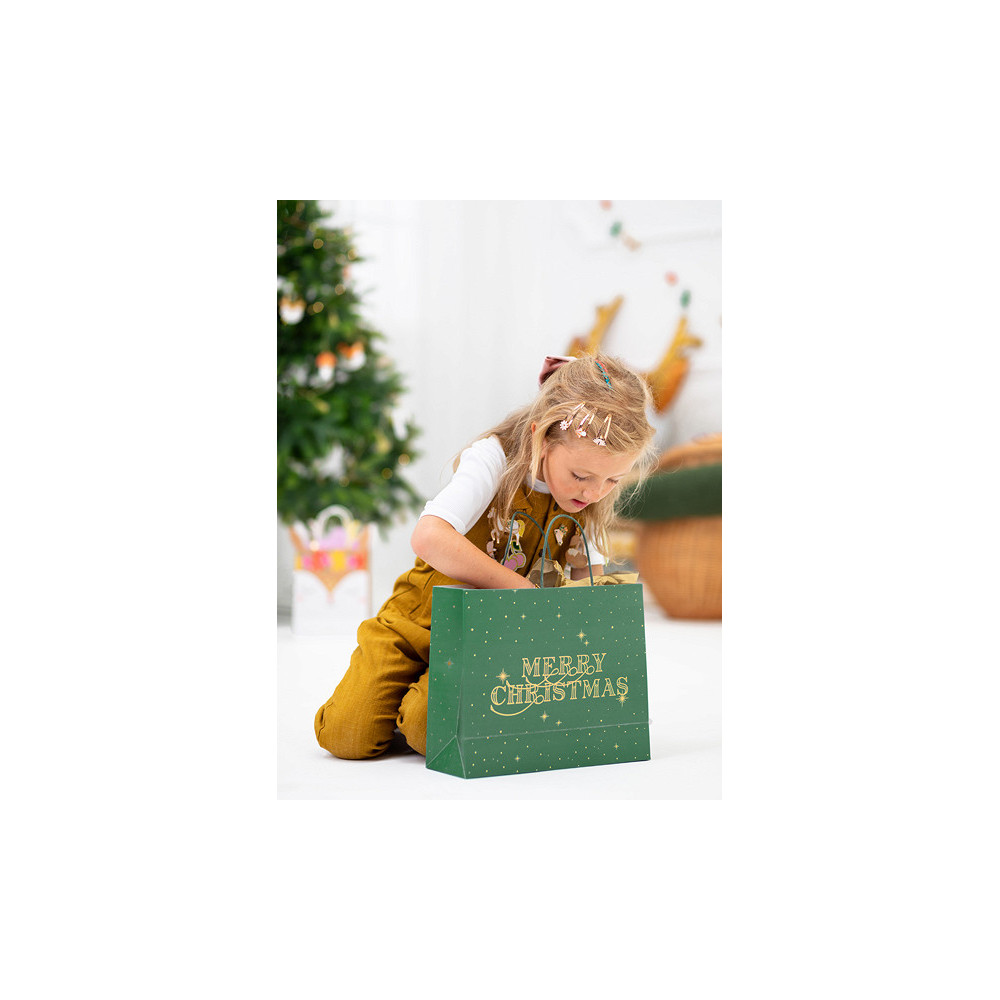 Torebka na prezenty, Merry Christmas - zielona, 32,5 x 26,5 x 11,5 cm