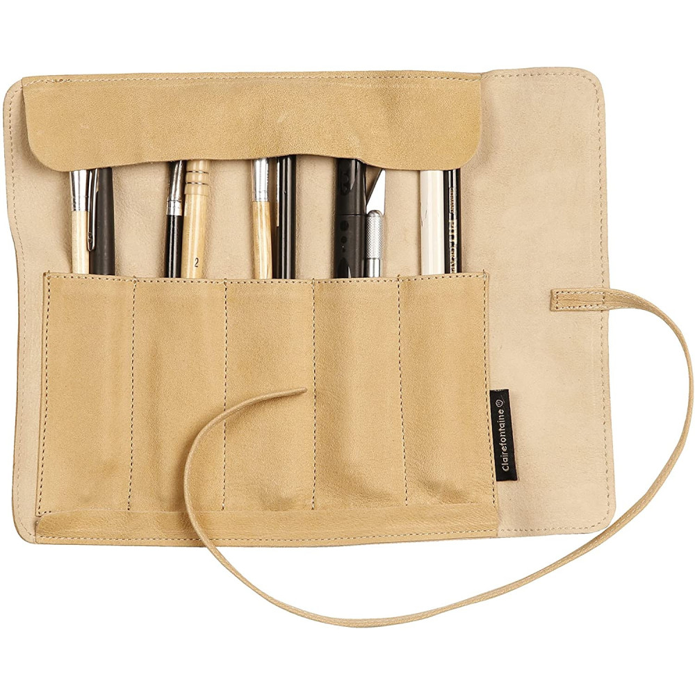 Roll, leather pencil case - Clairefontaine - beige, 26,7 x 20,5 cm