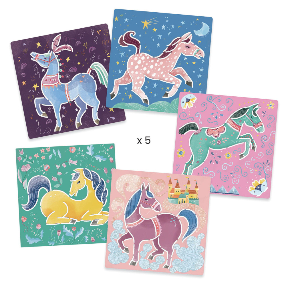Stencils for drawing - Djeco - Horses, 5 pcs